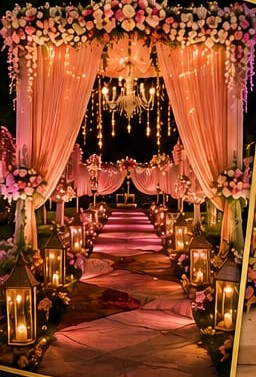 Floral mandap entrance with fairy lights