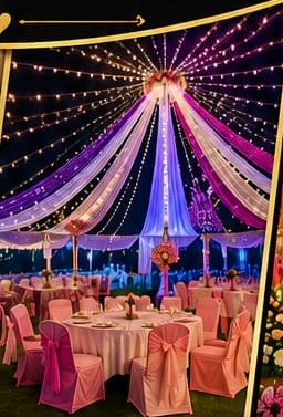 Outdoor tent with string lights and round tables