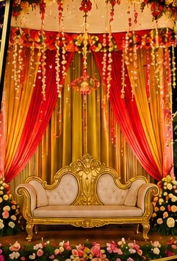 Golden red drape stage with sofa