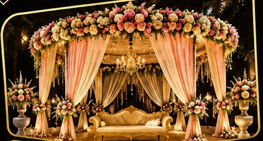 Grand floral mandap with chandelier