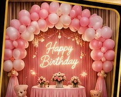 Pink happy birthday balloon arch