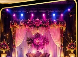 Purple lit stage with floral backdrop