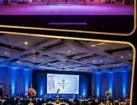 Blue lit corporate event hall